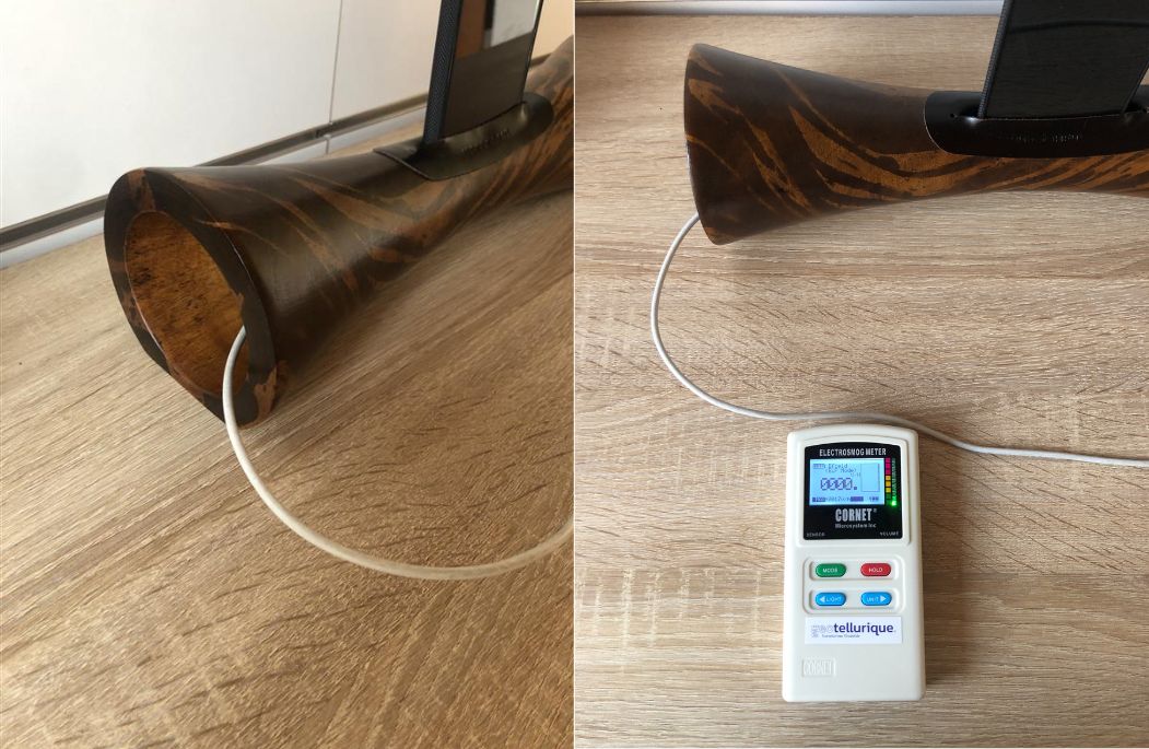 Mesure des ondes autour du câble du smartphone en charge - Mangobeat - Enceinte en bois loupe et sans ondes - soleil - 35 cm